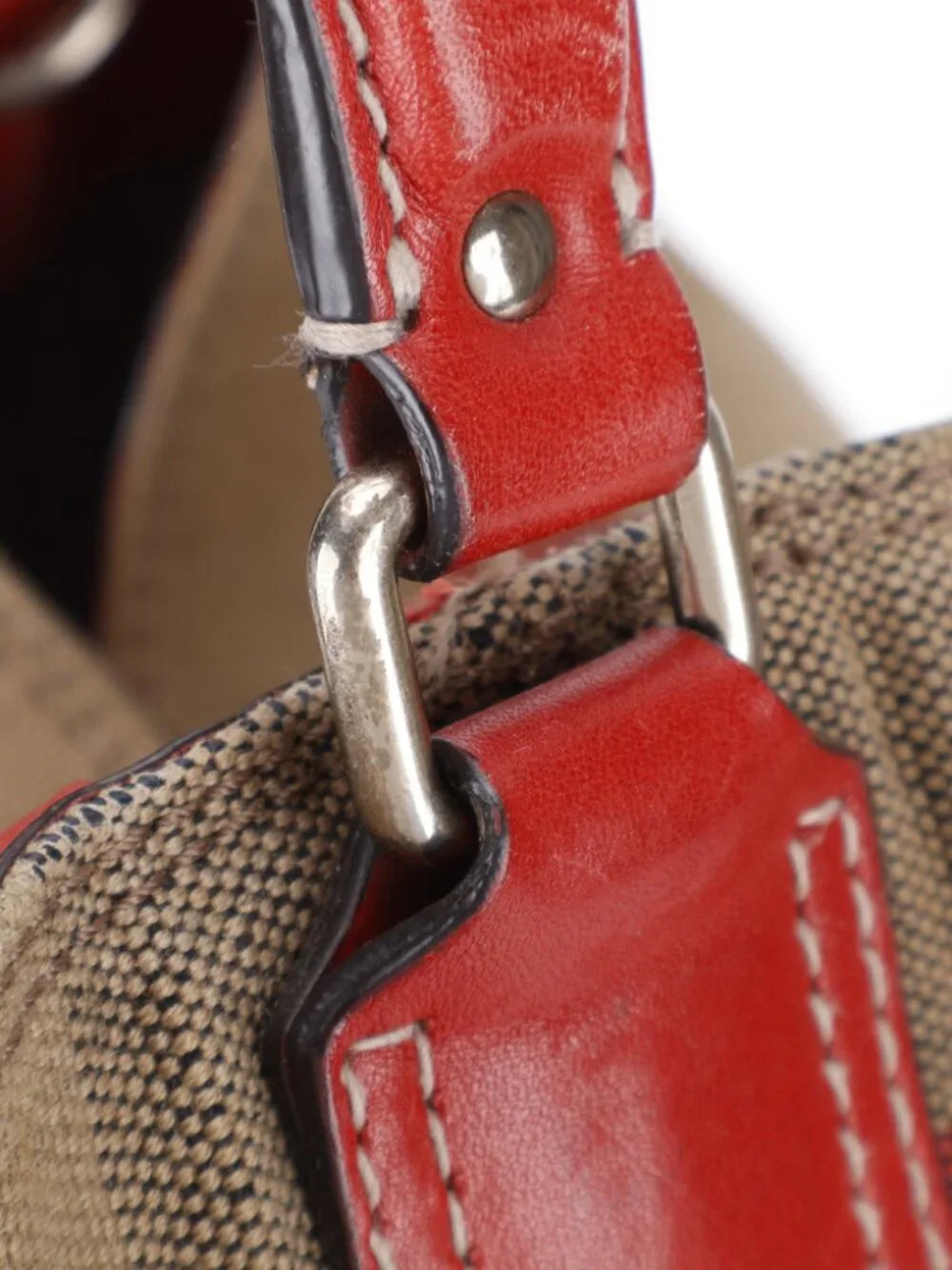 Burberry Ashby Check Canvas Bucket Bag Red Leather SHW + Pouch & Strap